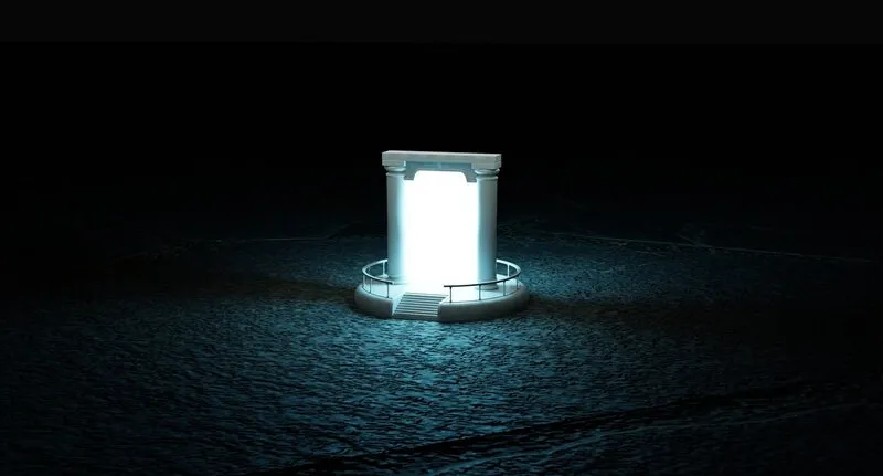 portal dimensional grego emite luz branca em prca feita de pedras negras