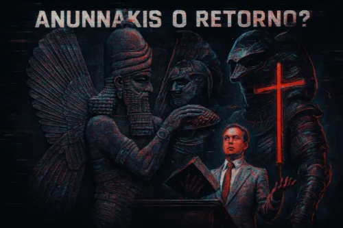 pastor no púlpito com dois anunnakis
