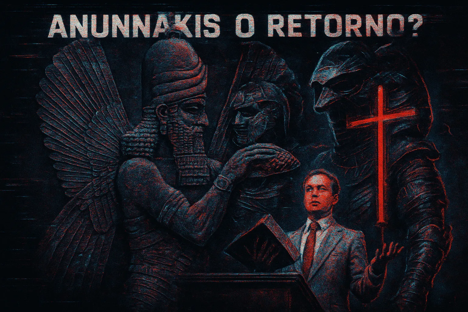 pastor no púlpito com dois anunnakis