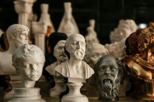 Collection of classical marble busts displayed together indoors