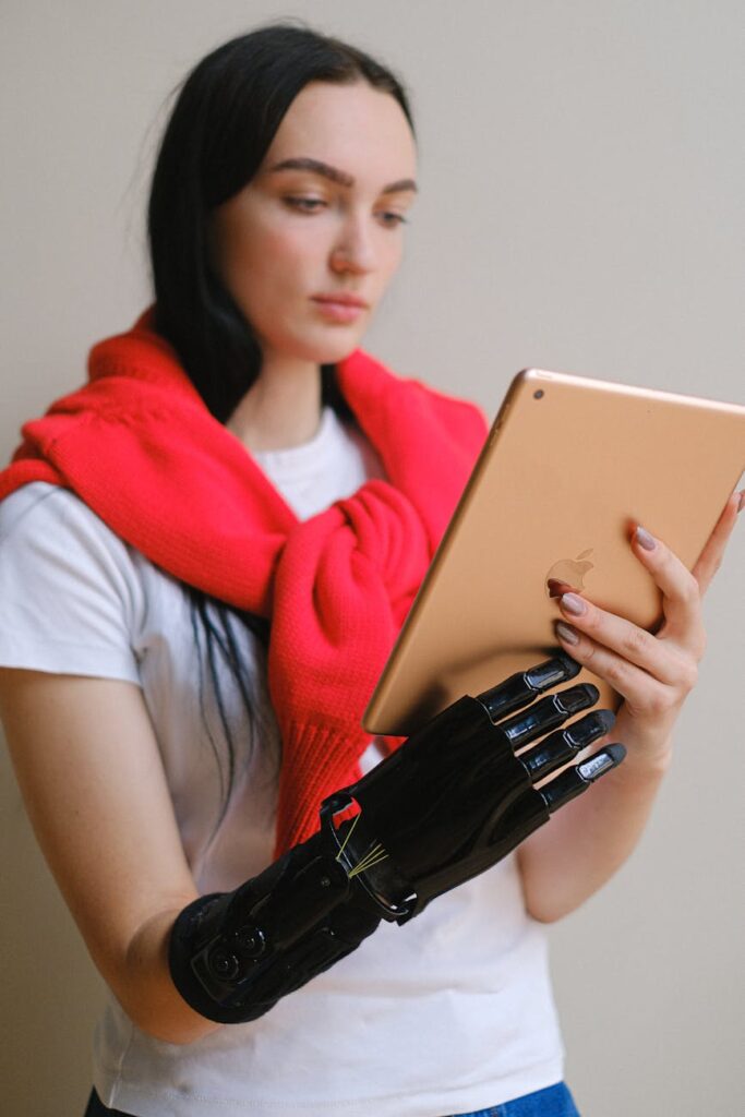 Young woman with advanced prosthetic (Incomplete: max_output_tokens)